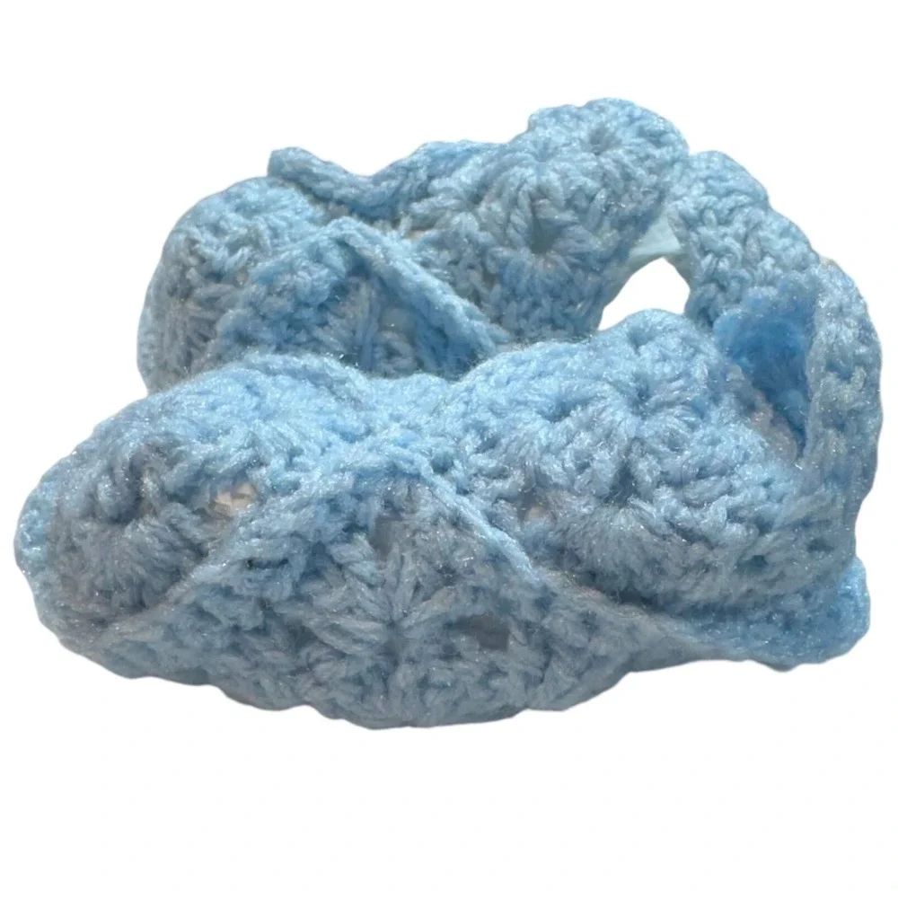 Handmade Crochet Baby Booties Shimmer Knit Infant Slippers Blue 5in
